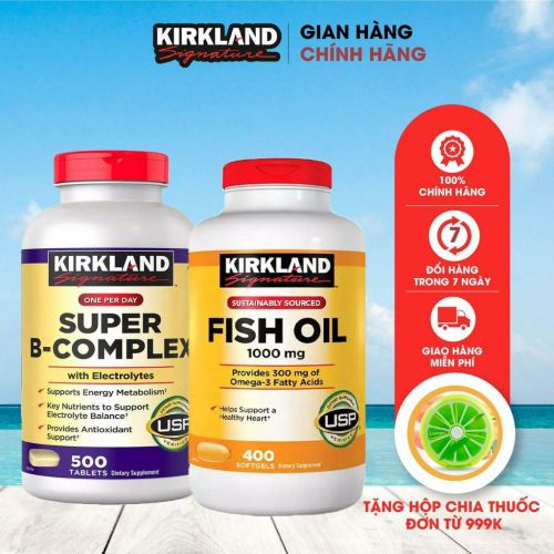 Combo viên uống dầu cá 1000mg 400 viên và viên uống bổ sung vitamin B tổng hợp Kirkland Signature của Mỹ