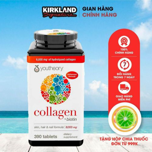 Viên uống Youtheory Collagen + Biotin 6000mg 390 viên bổ sung Collagen Kirkland Signature của Mỹ
