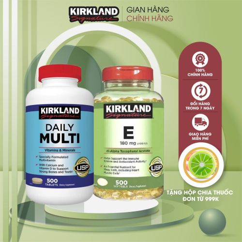 Combo viên uống vitamin E Kirkland 400IU 500viên và viên uống bổ sung vitamin tổng hợp Daily Multi của Kirkland 500viên